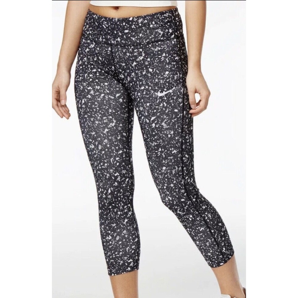 Nike Leggings Women M Black White Dri-FIT Capri Speckled Print Athletic Running